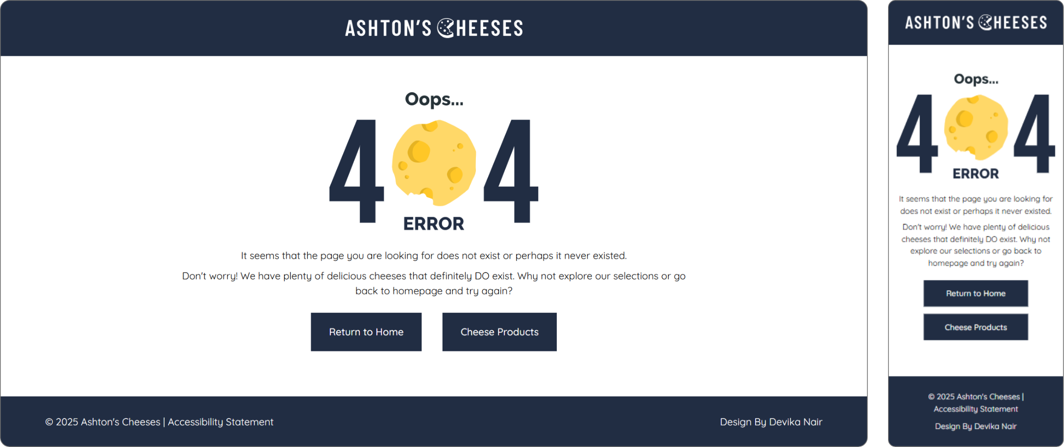 Desktop and mobile custom 404 error pages.
