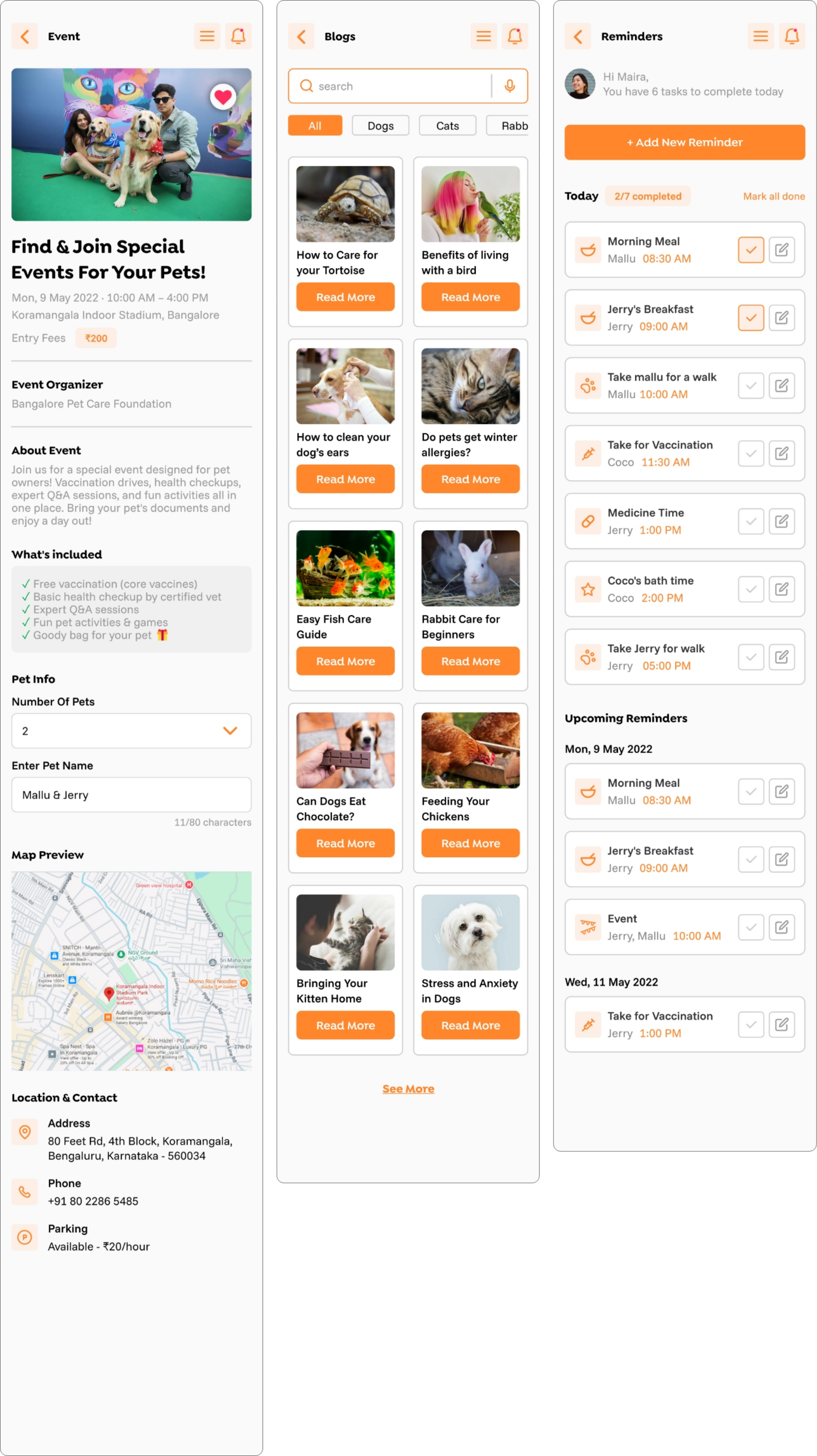 Final UI design layout for event detail, blog listing and reminder pages.