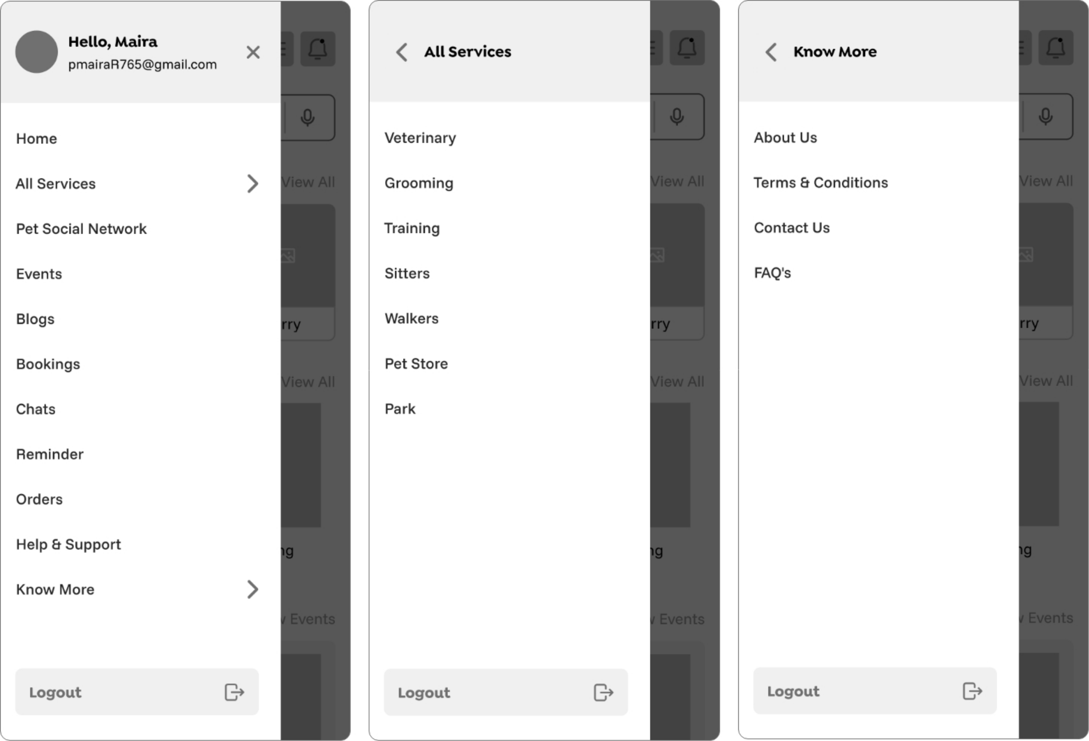 Wireframe layout for navigation hamburger menu.