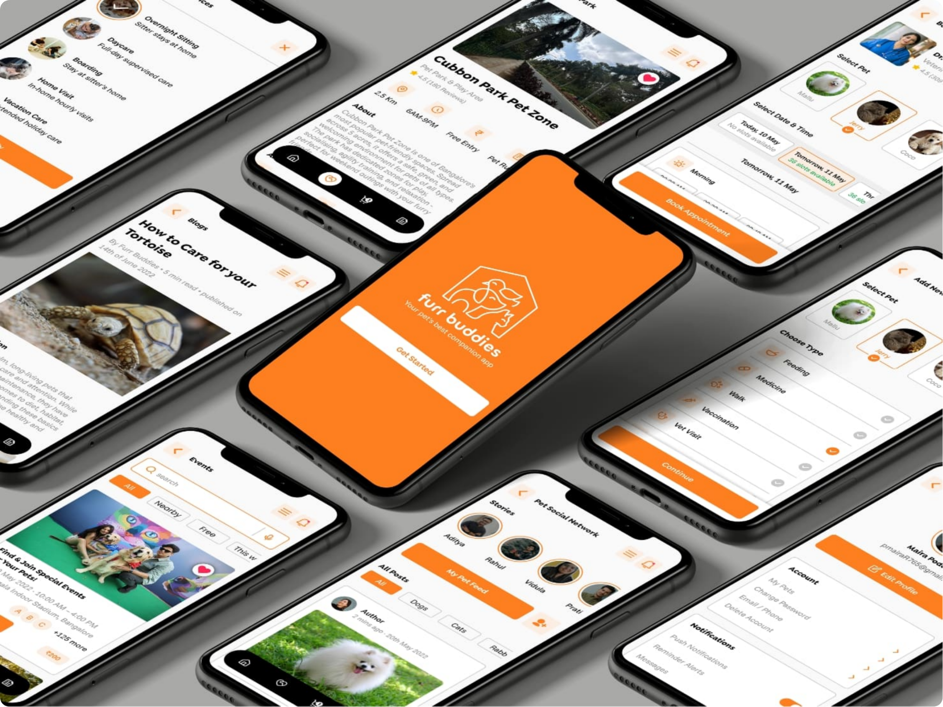 Grid mockup of multiple Furr Buddies app screens.