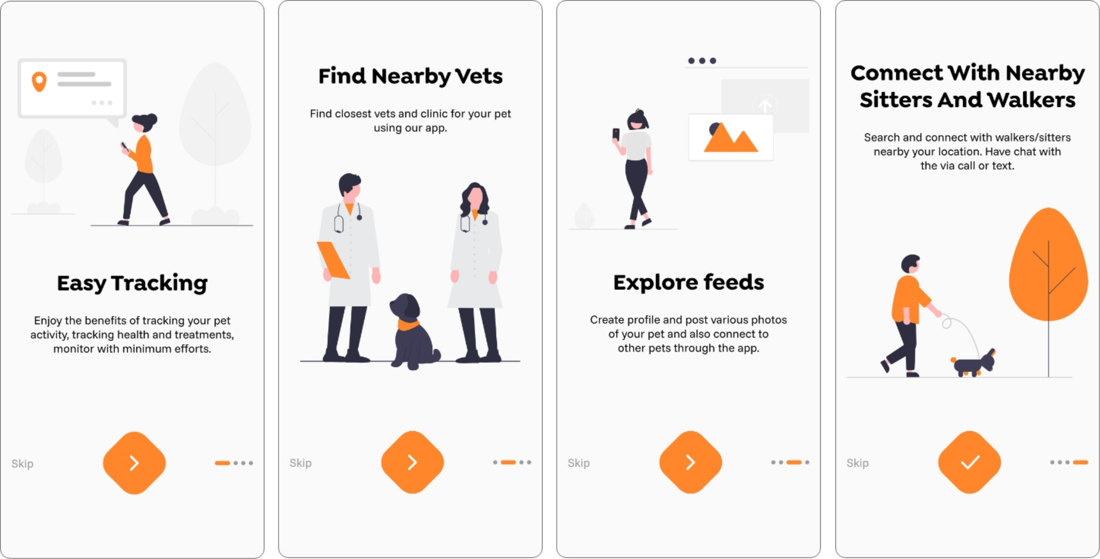 Final UI design for onboarding screens featuring pet care graphics