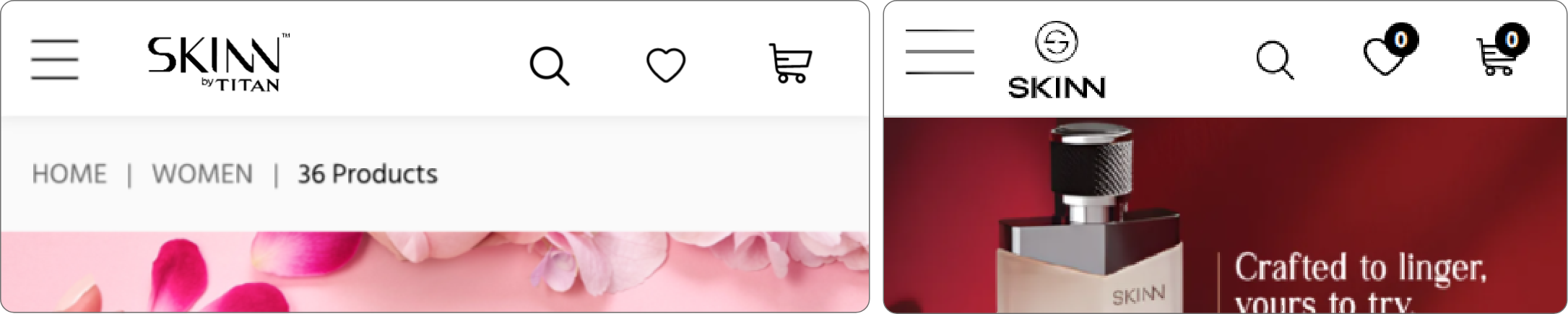 Mobile header UI design and live website.
